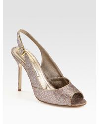 Manolo Blahnik | Metallic Glitter-coated Leather Slingback Peep Toe Pumps | Lyst