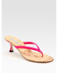 Manolo Blahnik | Pink Patent Leather and Cork Thong Sandals | Lyst