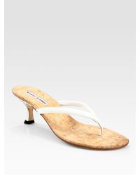 Manolo Blahnik | White Patent Leather and Cork Thong Sandals | Lyst