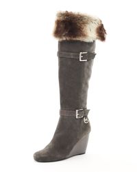 MICHAEL Michael Kors | Gray Lara Suede and Faux Fur Wedge Boots | Lyst