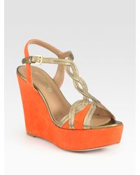 Elie Tahari | Orange Lynette Suede and Metallic Leather Wedge Sandals | Lyst