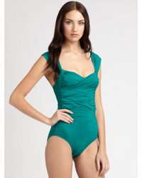 Badgley Mischka | Green Wide-strap Draped One-piece | Lyst
