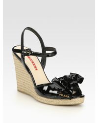 Prada | Black Patent Leather Espadrille Wedge Sandals | Lyst