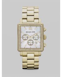 Michael Kors | Metallic Crystal Accented Rectangle Chronograph Watch/goldtone | Lyst