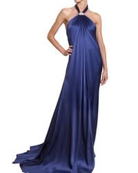 Ferragamo | Blue Jewelled Silk Sable Long Dress | Lyst