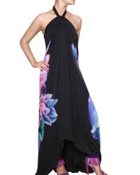 Roberto Cavalli | Black Flower Print Chiffon Long Dress | Lyst
