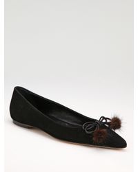 Manolo Blahnik | Black Veronica Suede Point-toe Pom Pom Flats | Lyst