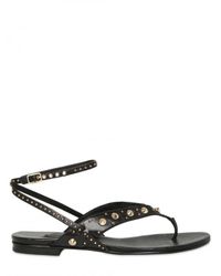 Balmain | Black Leather Spikes Ankle Strap Thong Flats | Lyst