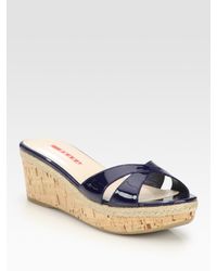 Prada | Blue Patent Leather Cork Wedge Slides | Lyst