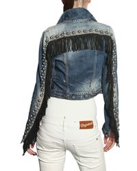 DSquared² | Blue Leather Fringed Studded Denim Jacket | Lyst