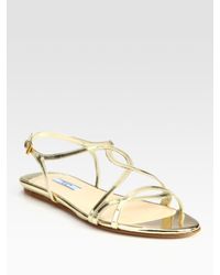 Prada | Metallic Leather Flat Sandals | Lyst