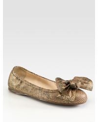 Prada | Metallic Stamped Python Bow Ballet Flats | Lyst