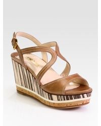 Prada | Brown Leather and Wood Multistrap Wedge Sandals | Lyst