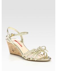 Prada | Braided Metallic Leather Cork Wedge Sandals | Lyst