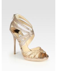 Jimmy Choo | Natural Garland Two-tone Glitter-coated Metallic Leather Sandals | Lyst