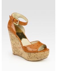 MICHAEL Michael Kors | Brown Ariana Ostrich-Print Leather Cork Wedge Sandals | Lyst