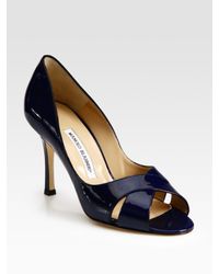Manolo Blahnik | Blue Patent Leather Peep Toe Pumps | Lyst