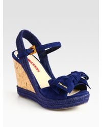 Prada | Blue Suede Espadrille Slingback Wedge Sandals with Bow | Lyst