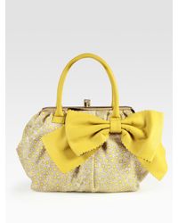 RED Valentino | Metallic Daisy-print Canvas and Calfskin Bow Satchel | Lyst