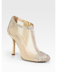 Oscar de la Renta | Natural Embellished Satin and Mesh Ankle Boots | Lyst