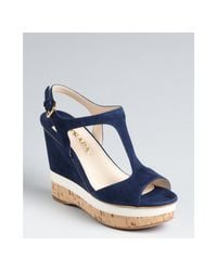 Prada | Blue Suede T-Strap Wedge Sandals | Lyst