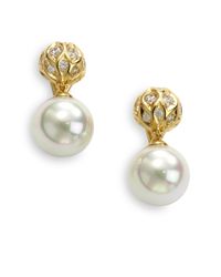 Majorica | Jeweled Ball 14mm White Pearl 18k Gold Vermeil Earrings | Lyst