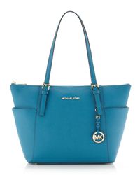 Michael michael kors Jet Set Topzip Saffiano Tote in Blue | Lyst