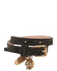 Alexander McQueen | Black Skull Charm Glitter Leather Bracelet | Lyst