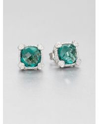 Judith Ripka | La Petite Green Quartz, White Sapphire & Sterling Silver Cushion Stud Earrings | Lyst