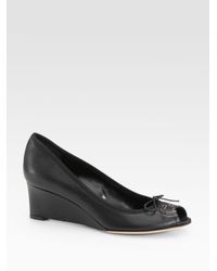 Gucci | Black Soho Leather Peep Toe Wedge Pumps | Lyst