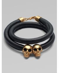 Alexander McQueen | Black Double Wrap Leather Double Skull Bracelet | Lyst
