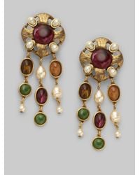 Oscar de la Renta | Metallic Semiprecious Multistone and Baroque Pearl Drop Earrings | Lyst