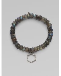 Sydney Evan | Green Diamond Accented Rhodium Hexagon Beaded Bracelet | Lyst