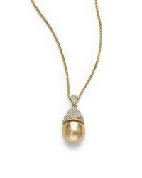 Tara Pearls | Metallic 14mm Gold Round Pearl Diamond 18k Gold Pendant Necklace | Lyst