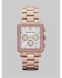 Michael Kors | Pink Crystal Accented Rectangle Chronograph Watch/rose Goldtone | Lyst