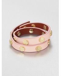 Tory Burch | Pink Double Wrap Logo Studded Leather Bracelet | Lyst
