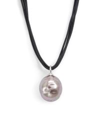 Majorica | Black 22mm Aubergine Baroque Pearl Leather Cord Necklace | Lyst