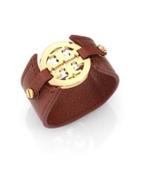 Tory Burch | Brown Logo Leather Cuff Bracelet | Lyst