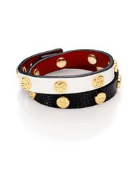Tory Burch | Logo Stud Mixed Leather Double-Wrap Bracelet/Black & White | Lyst