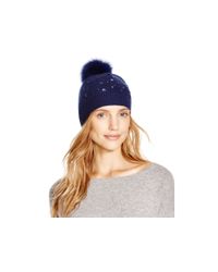 Aqua | Blue Beaded Slouchy Hat With Fox Fur Pom-pom | Lyst