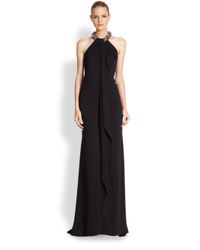 Carmen Marc Valvo | Black Jeweled Cascade-front Crepe Gown | Lyst