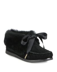 Tory Burch | Black Aberdeen Fur-trimmed Suede Slippers | Lyst