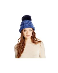 Kyi Kyi | Blue Popcorn Cuff Slouchy Hat With Fox Fur Pom-pom | Lyst