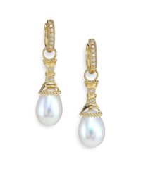Jude Frances | Metallic Classic 9mm15mm White Freshwater Pearl Diamond 18k Yellow Gold Lattice Teardrop Earring Charms | Lyst