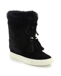 Tory Burch | Black Anjelica Rabbit Fur-trimmed Suede Boots | Lyst