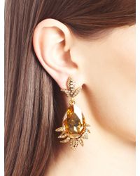 Oscar de la Renta | Metallic Trumpet Silk-Faille Gown With Side Bow Persimmon Dyed Silver Fox Fur Bolero Swarovski Crystal Teardrop Earrings | Lyst