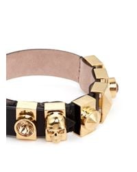 Alexander McQueen | Black Skull And Crystal Metal Loop Leather Bracelet | Lyst