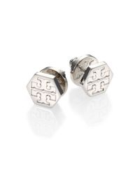 Tory Burch | Metallic Hexagon Logo Stud Earrings/silvertone | Lyst