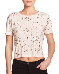 Alice + Olivia | Natural Distressed & Beaded Linen Cropped Top | Lyst