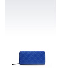 Emporio Armani | Blue Zip Around Wallet In Patterned Logo Calfskin | Lyst